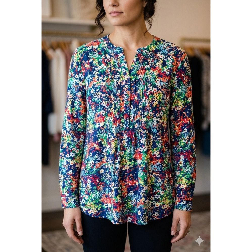 Talbots Ditsy Floral Poet Top Cotton Pleated Bohemian Cottagecore Size L Peasant
